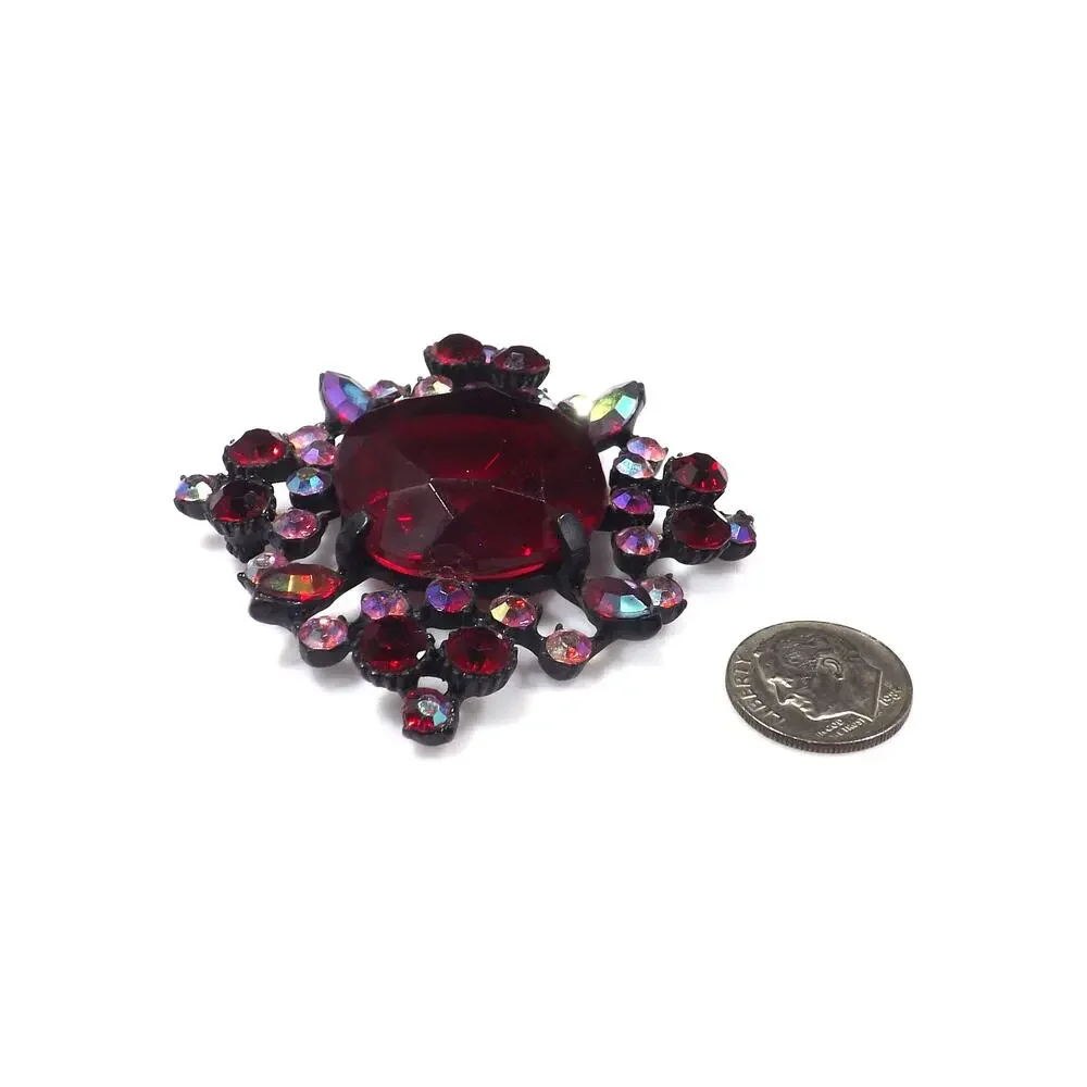 Red Large Rhinestone Aurora Borealis Brooch, Japanned Black Enamel 1970s Vintage